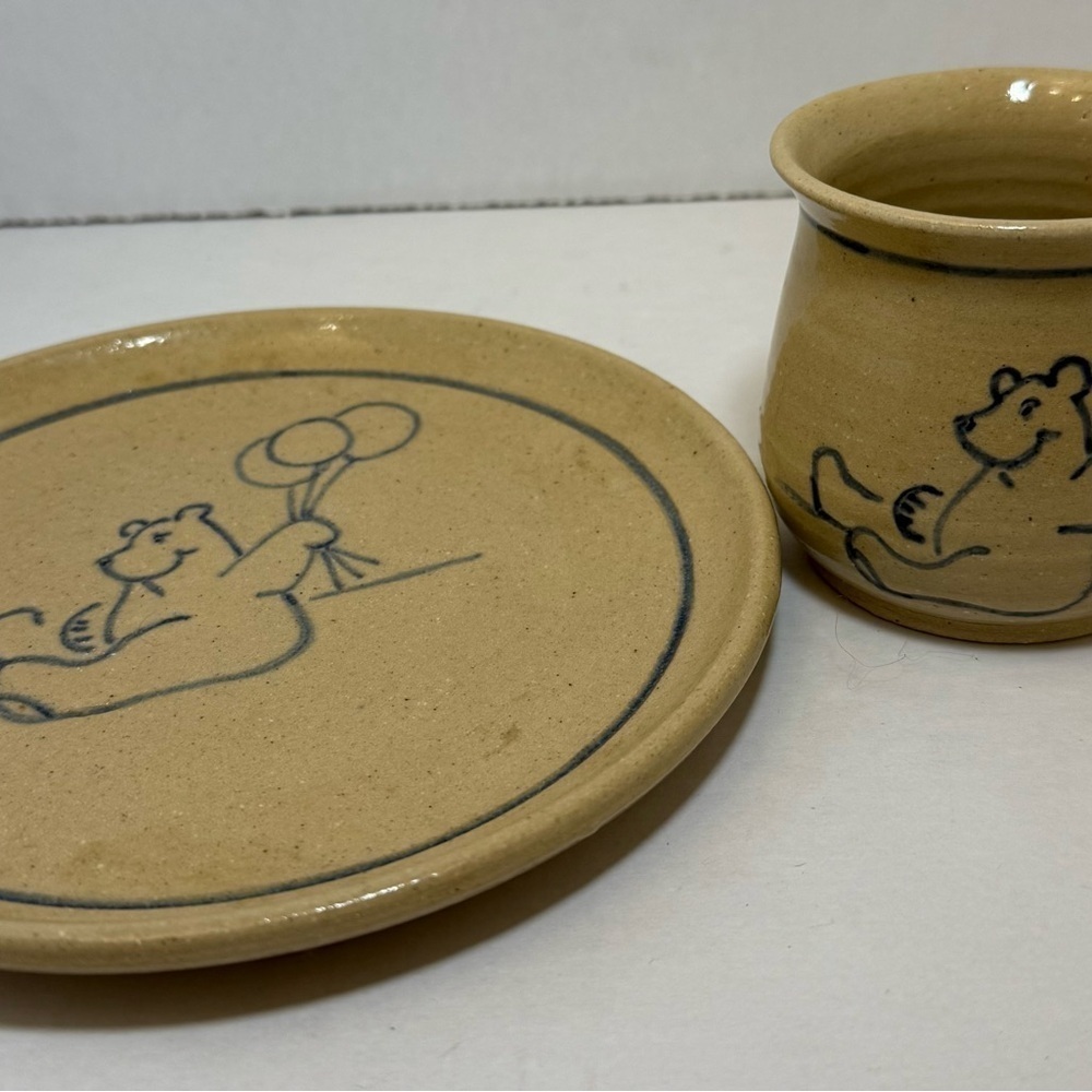 Tan Pottery Plate and Cup Set with Bear Design